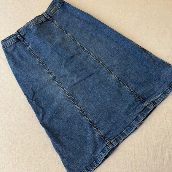 Esteez Women Blue Denim Button Front Midi Skirt A-Line Stretch Size 4 - Picture 10 of 10